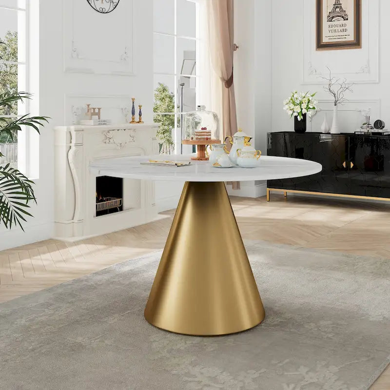 Round Marble Dining Table - Metal Frame (Black/White)