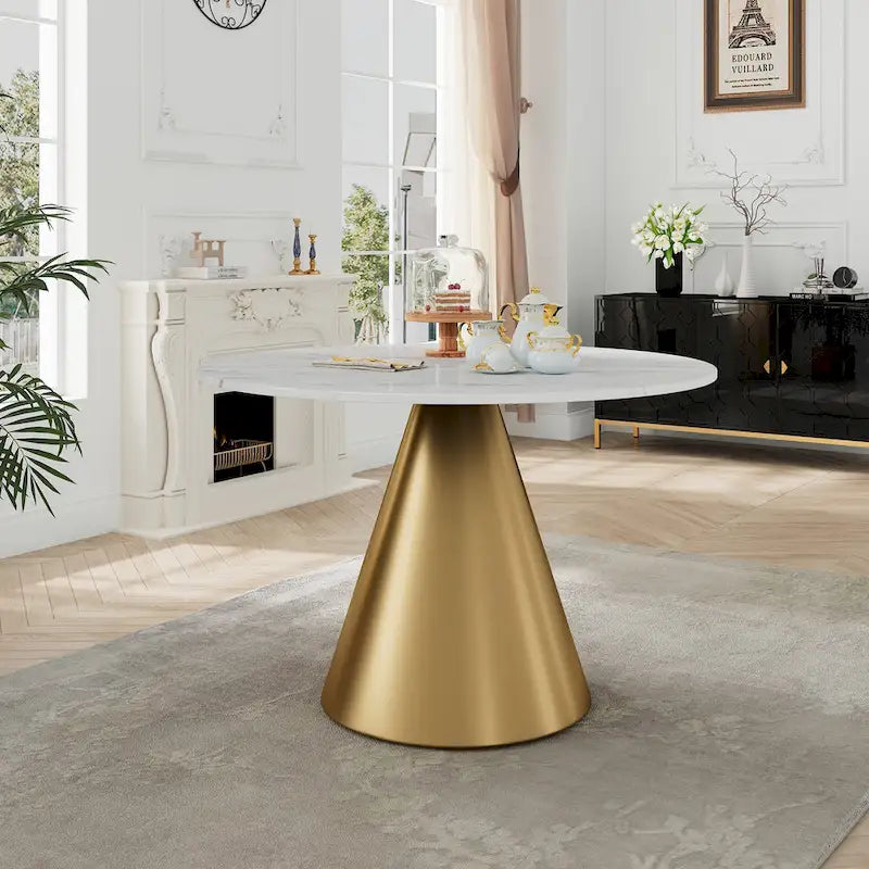 Round Marble Dining Table - Metal Frame (Black/White)