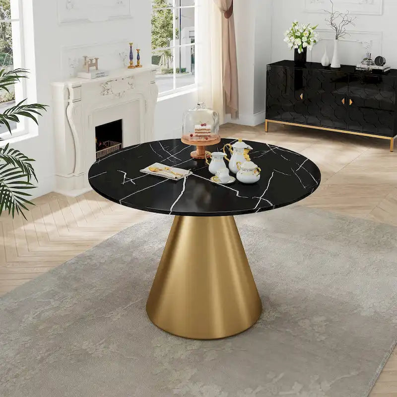 Round Marble Dining Table - Metal Frame (Black/White)